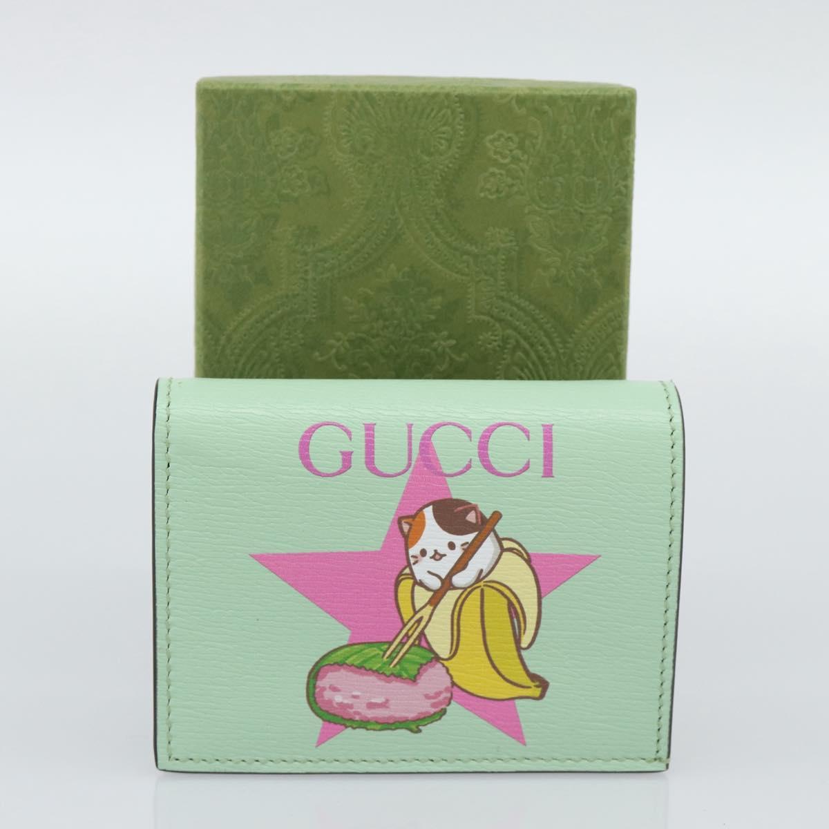 GUCCI Bananya Compact Wallet Leather Mint Green 701009 Auth 191625M