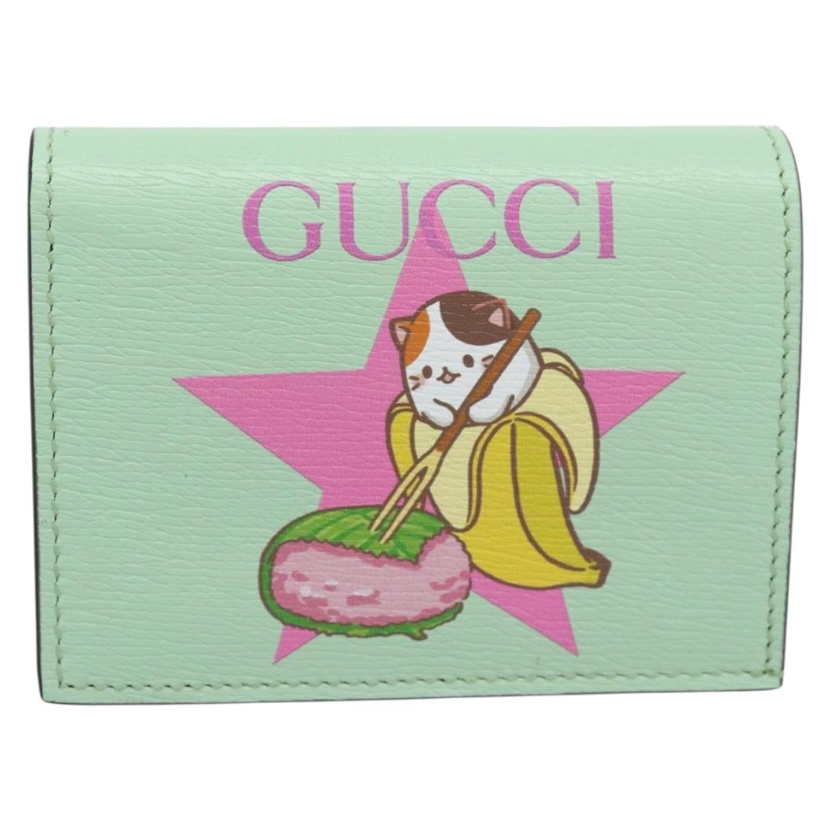 GUCCI Bananya Compact Wallet Leather Mint Green 701009 Auth 191625M