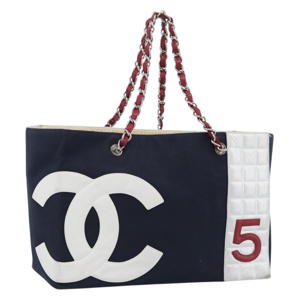 CHANEL Choco Bar Chain Tote Bag Canvas Navy Silver CC Auth 191645A