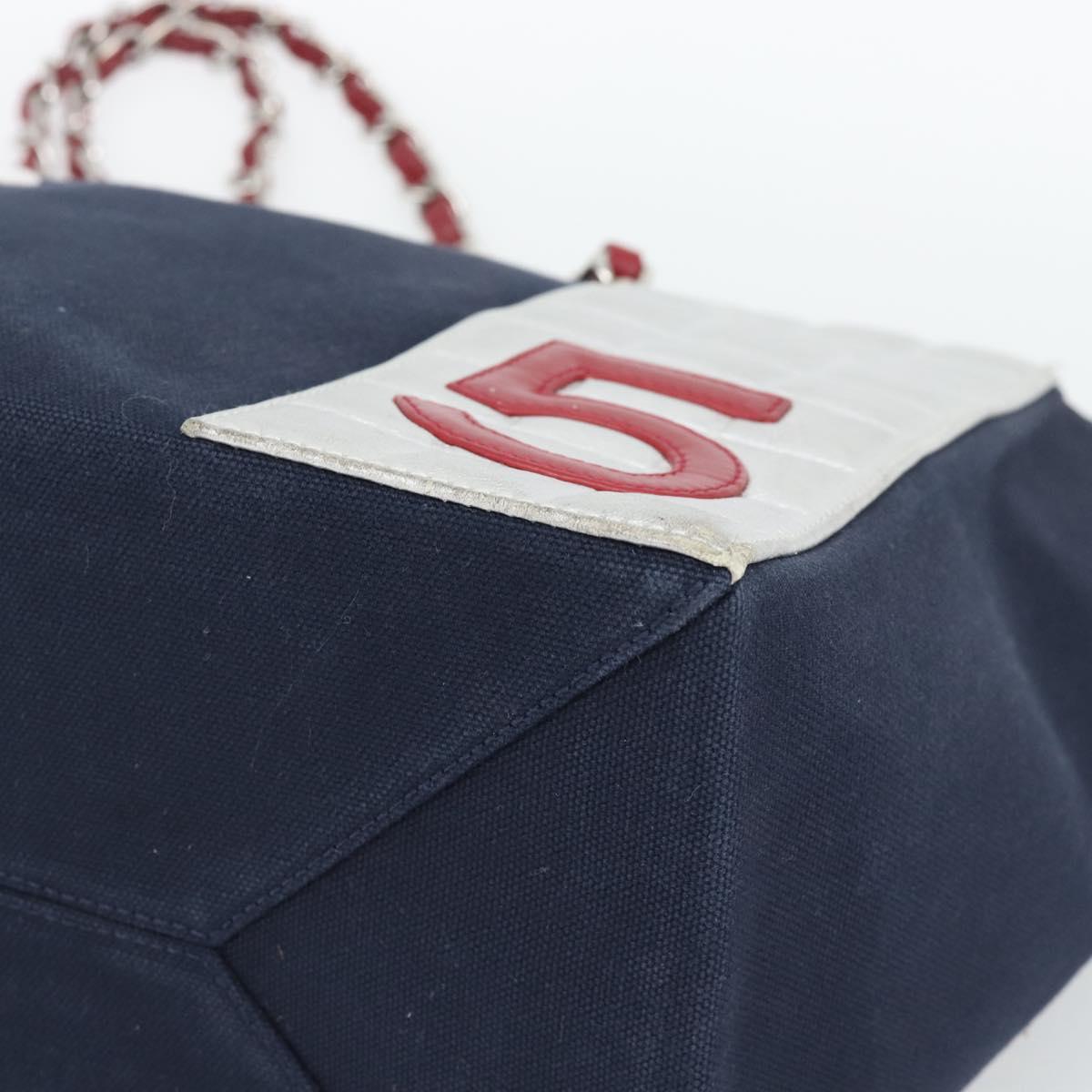 CHANEL Choco Bar Chain Tote Bag Canvas Navy Silver CC Auth 191645A