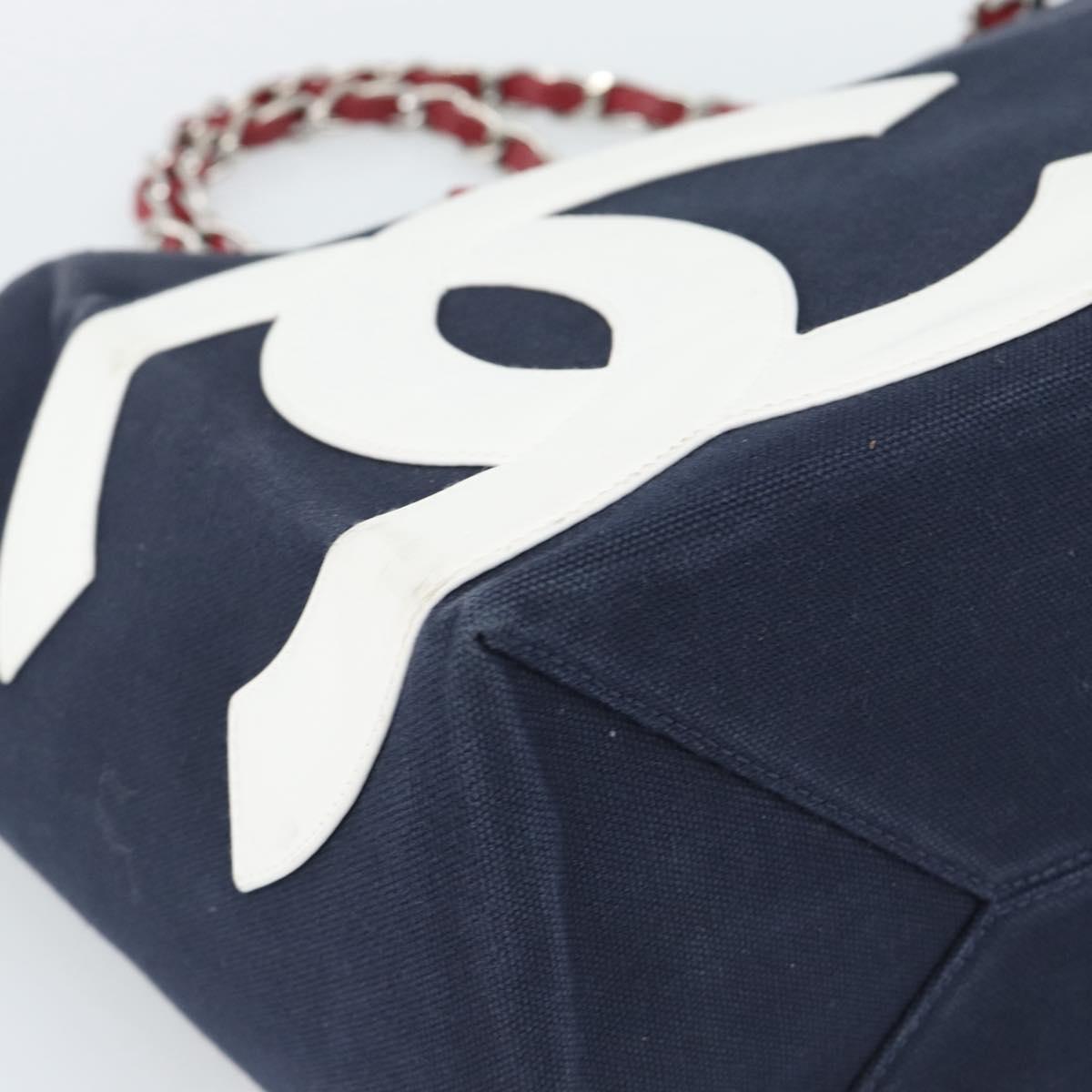 CHANEL Choco Bar Chain Tote Bag Canvas Navy Silver CC Auth 191645A