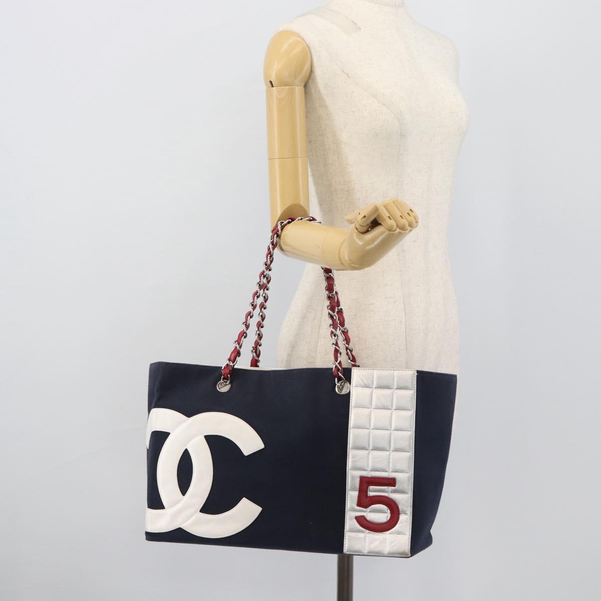 CHANEL Choco Bar Chain Tote Bag Canvas Navy Silver CC Auth 191645A