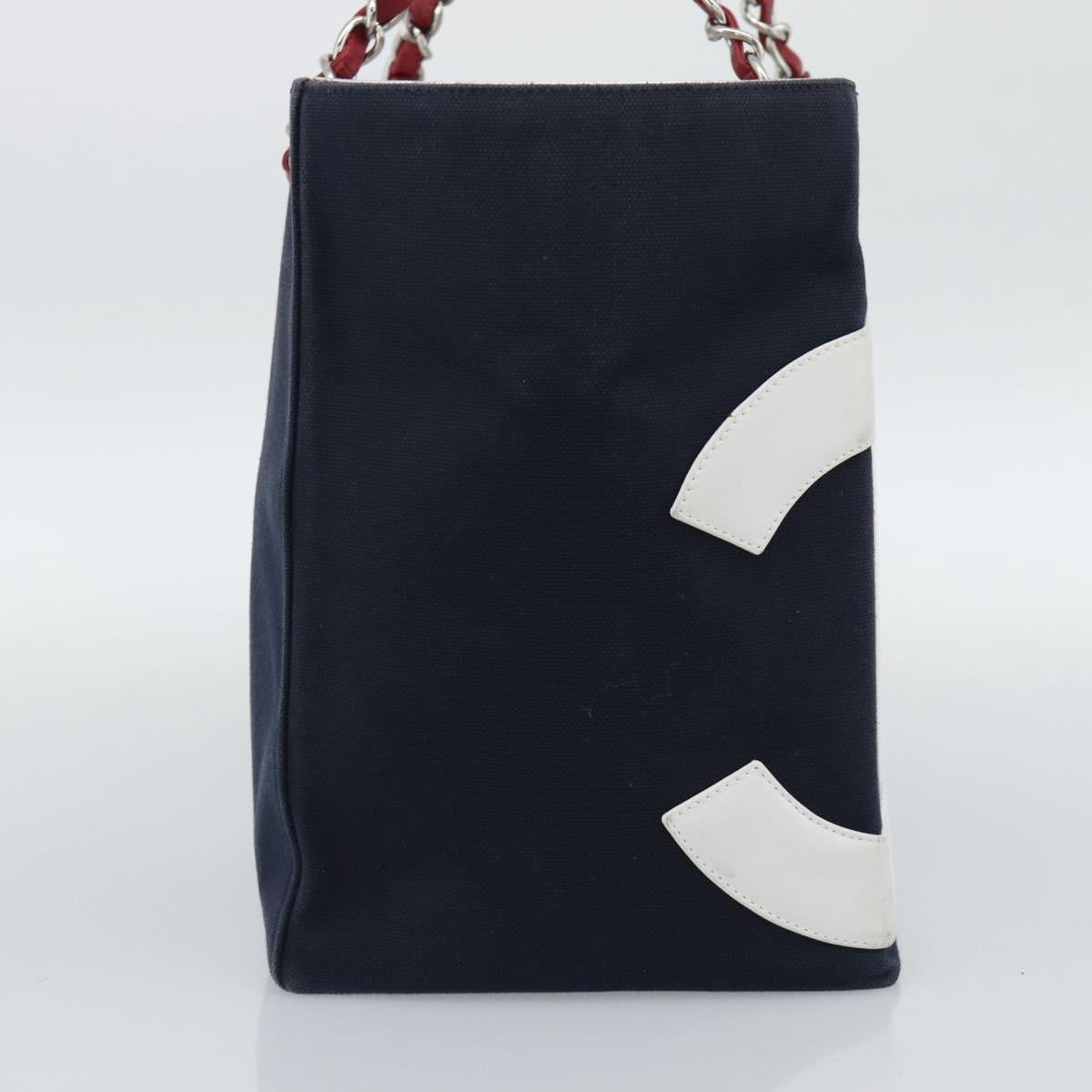 CHANEL Choco Bar Chain Tote Bag Canvas Navy Silver CC Auth 191645A