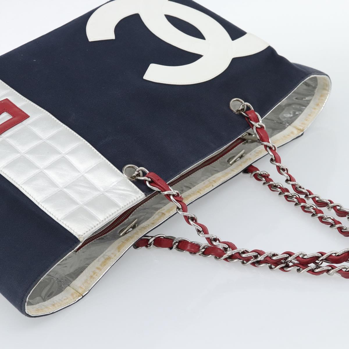 CHANEL Choco Bar Chain Tote Bag Canvas Navy Silver CC Auth 191645A