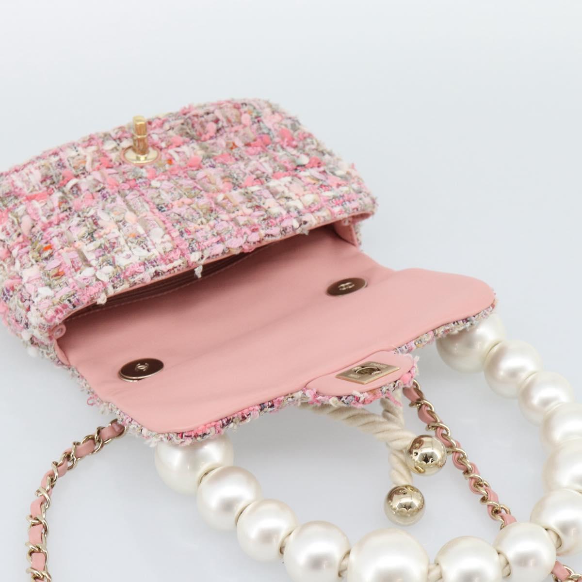 CHANEL Chain Shoulder Bag Tweed 2way Pink Gold CC Auth 191647SAM