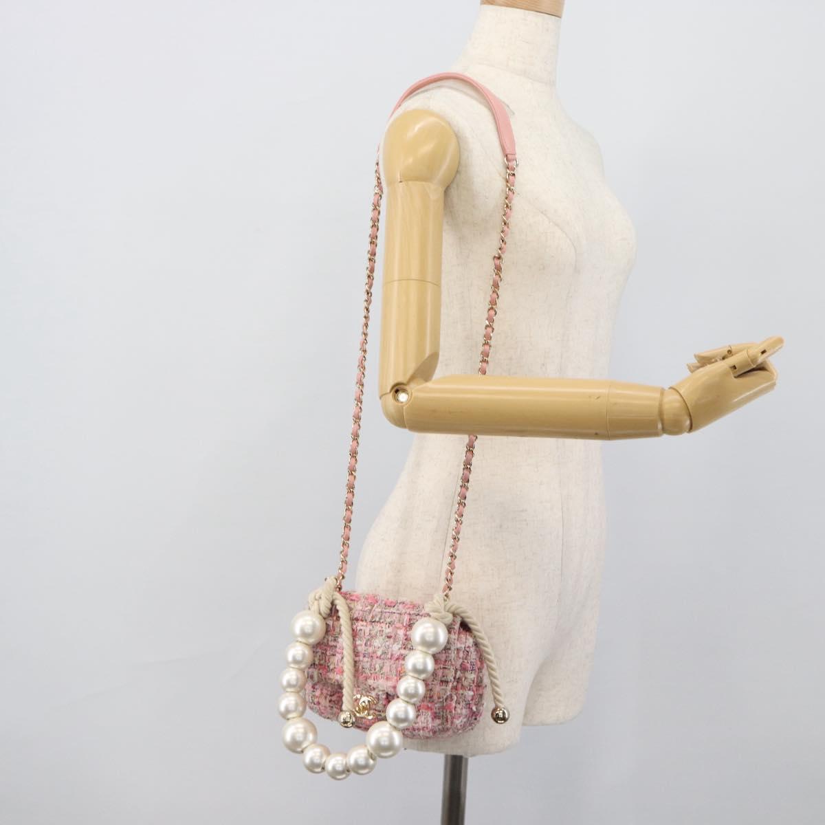 CHANEL Chain Shoulder Bag Tweed 2way Pink Gold CC Auth 191647SAM