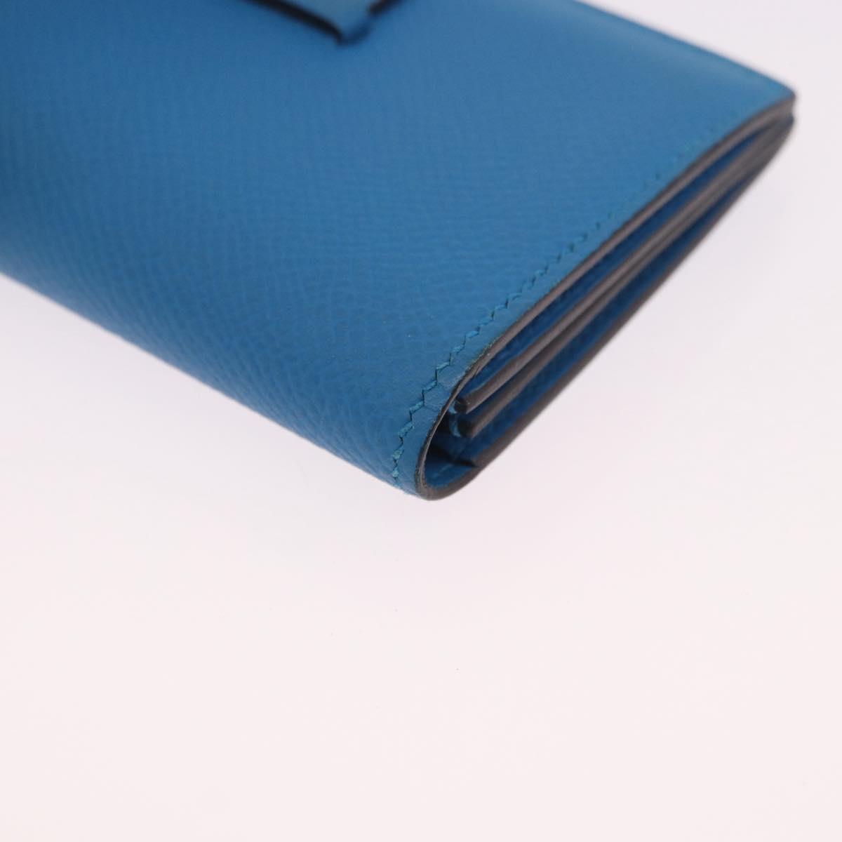 HERMES Bean Card Case Leather Blue Silver Auth 191663M