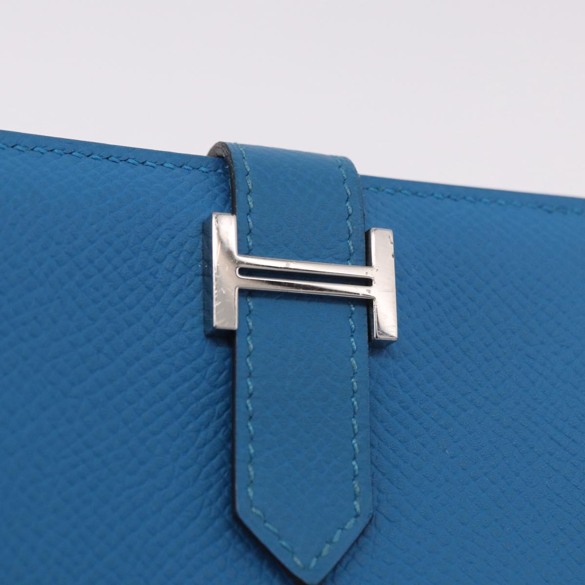 HERMES Bean Card Case Leather Blue Silver Auth 191663M