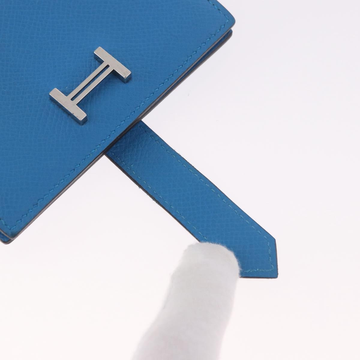 HERMES Bean Card Case Leather Blue Silver Auth 191663M
