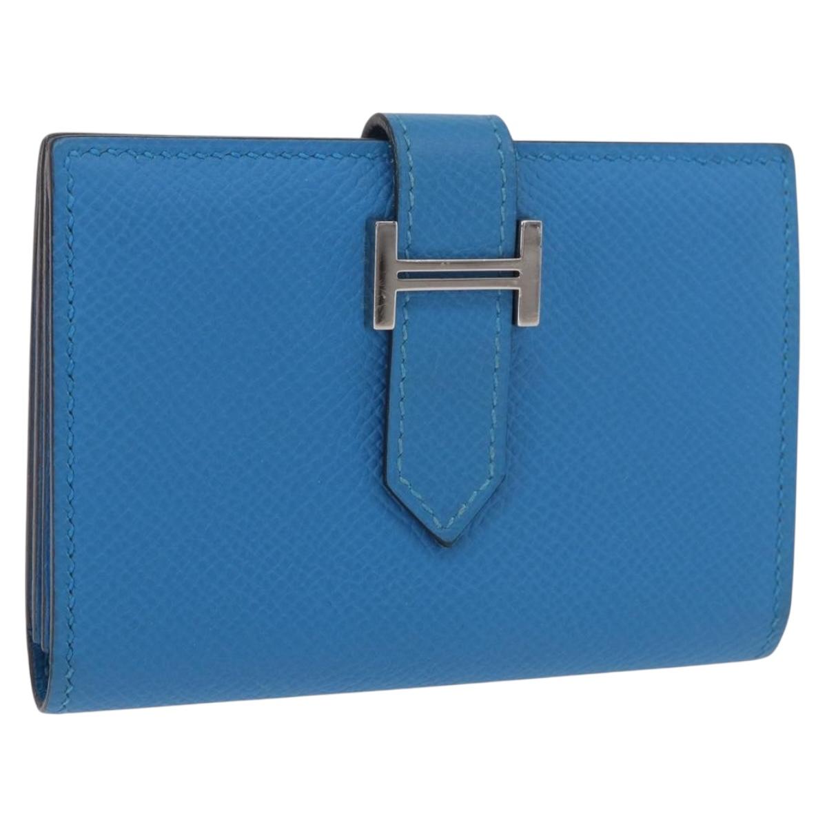 HERMES Bean Card Case Leather Blue Silver Auth 191663M