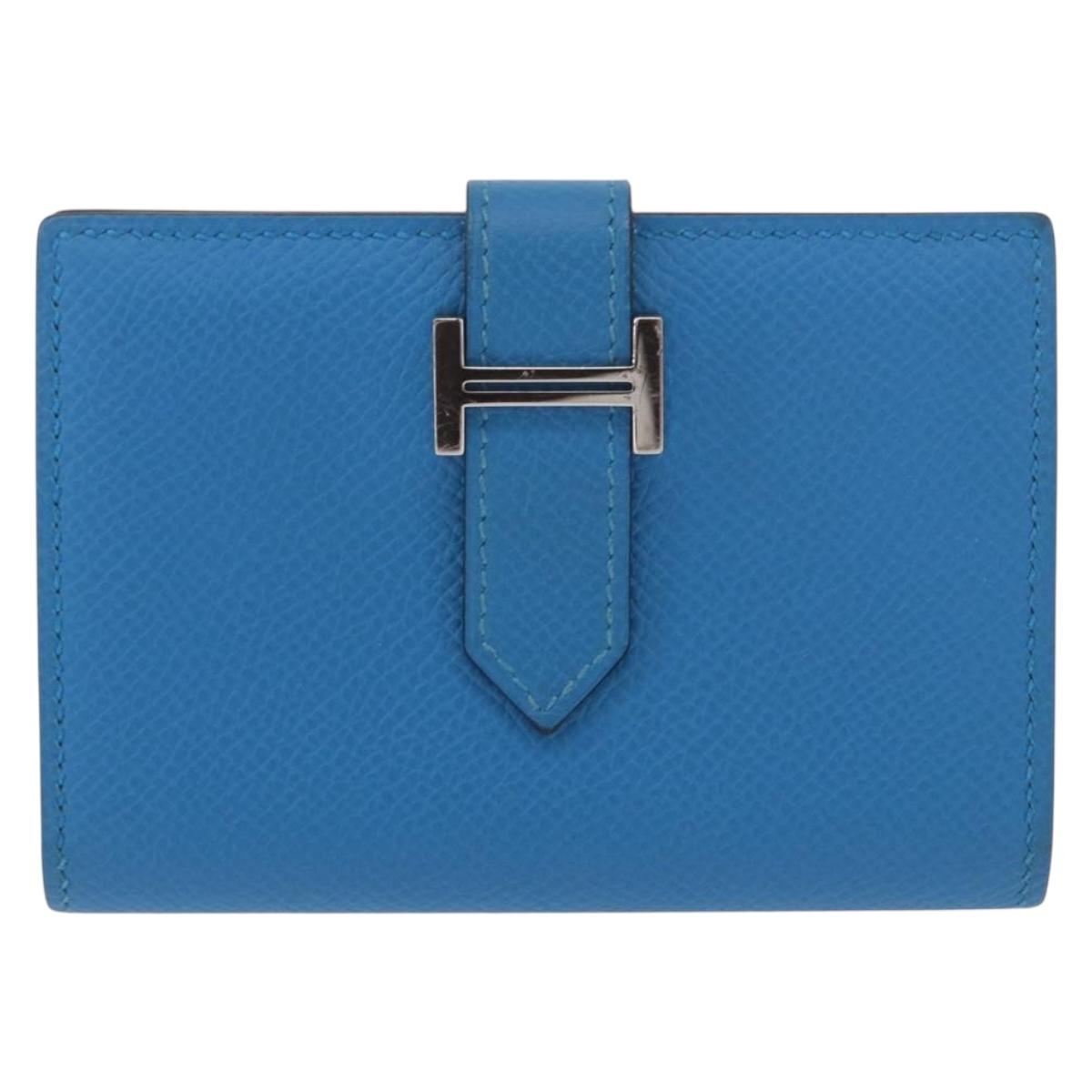 HERMES Bean Card Case Leather Blue Silver Auth 191663M