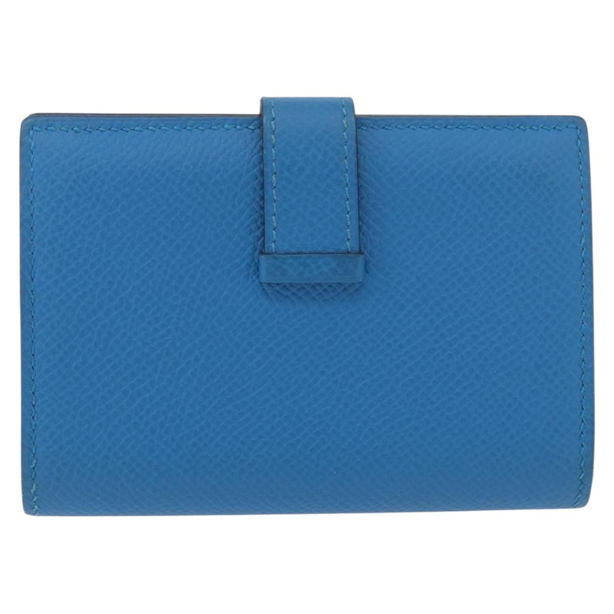 HERMES Bean Card Case Leather Blue Silver Auth 191663M