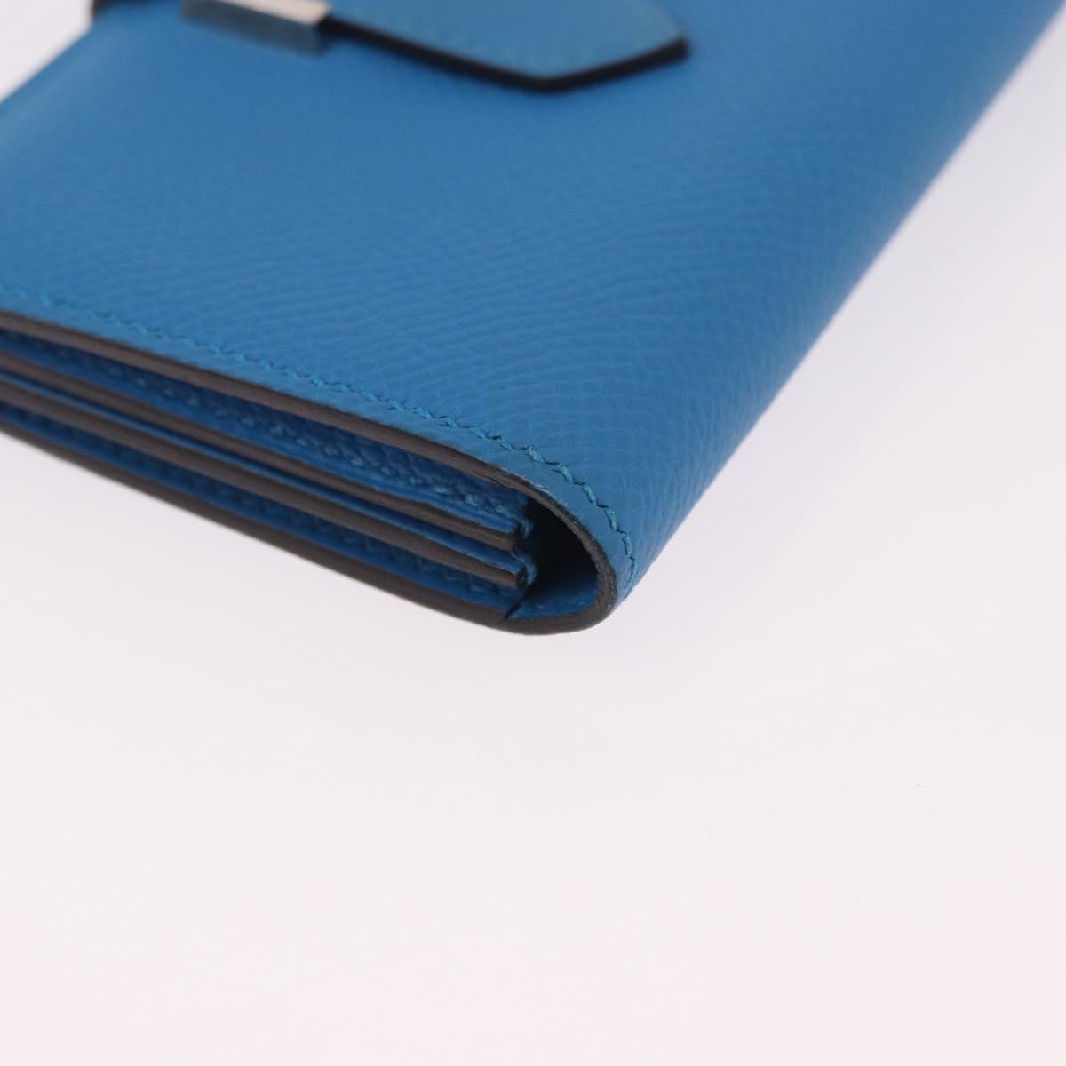 HERMES Bean Card Case Leather Blue Silver Auth 191663M
