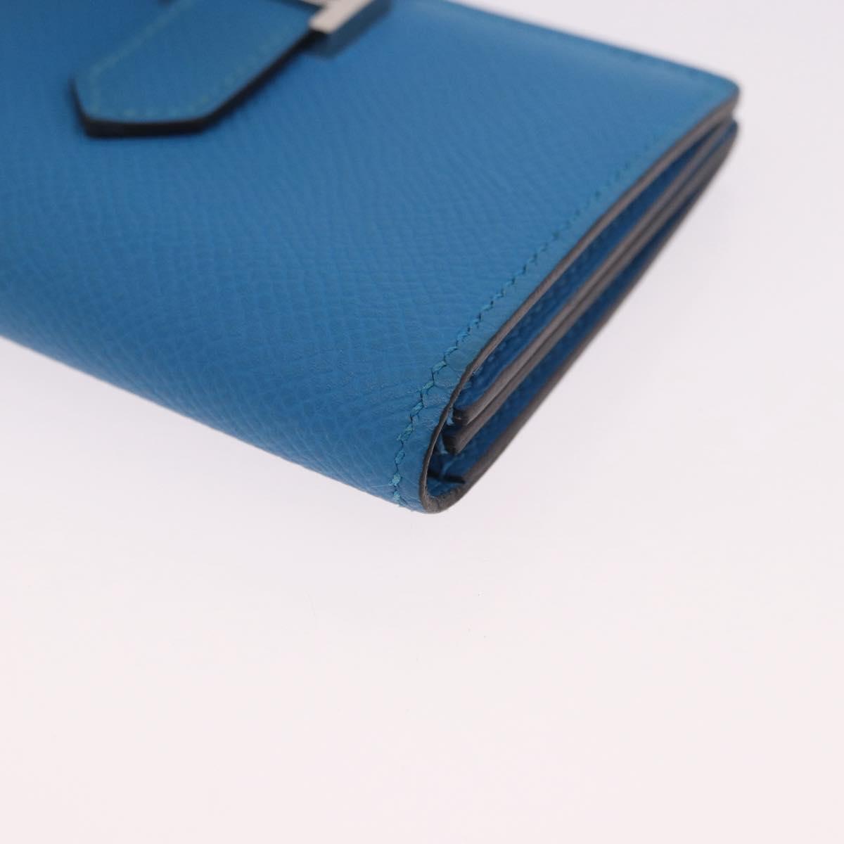 HERMES Bean Card Case Leather Blue Silver Auth 191663M