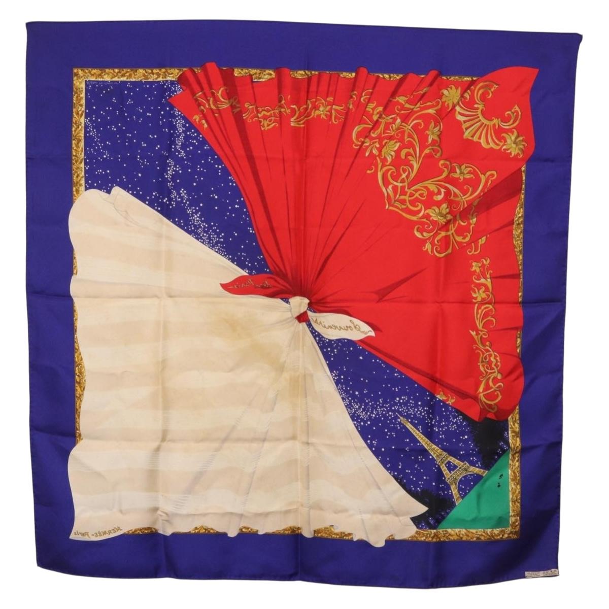 HERMES Carre 90 Scarf ""Souvenirs de Paris"" Silk Blue Beige Auth 191677
