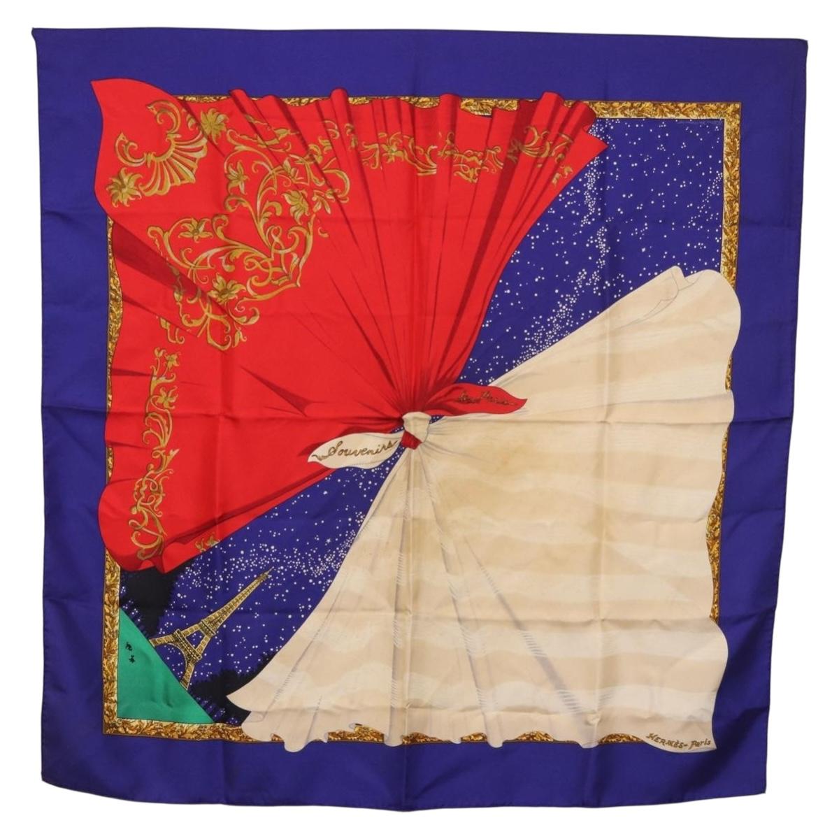HERMES Carre 90 Scarf ""Souvenirs de Paris"" Silk Blue Beige Auth 191677
