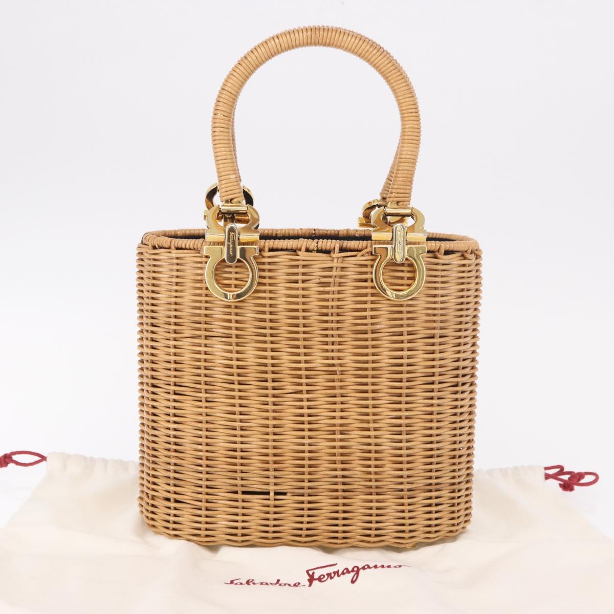 Salvatore Ferragamo Rattan Gancini Hand Bag Brown Gold Auth 191683V
