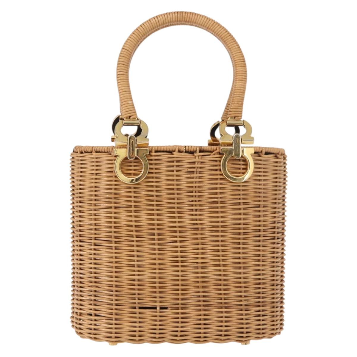 Salvatore Ferragamo Rattan Gancini Hand Bag Brown Gold Auth 191683V