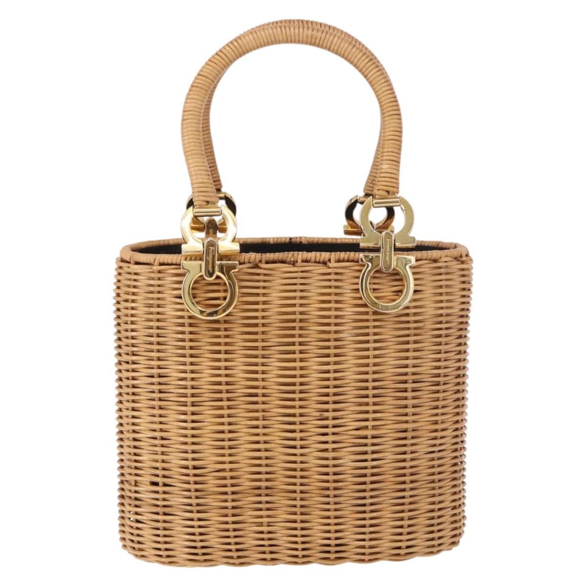 Salvatore Ferragamo Rattan Gancini Hand Bag Brown Gold Auth 191683V