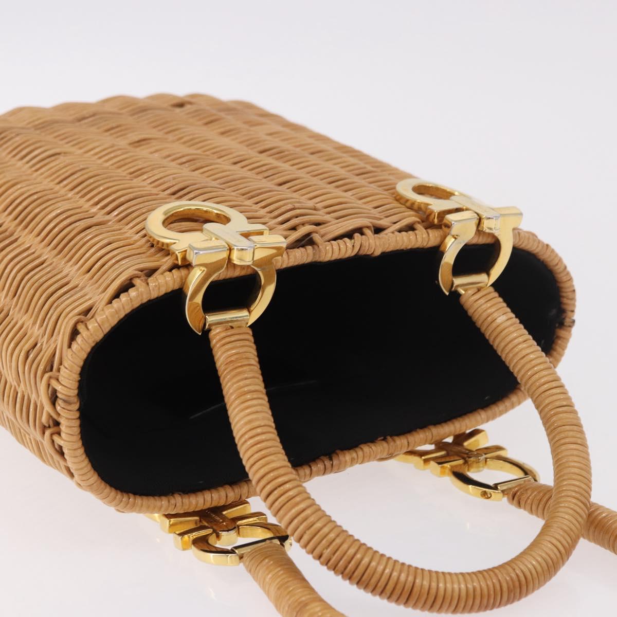 Salvatore Ferragamo Rattan Gancini Hand Bag Brown Gold Auth 191683V