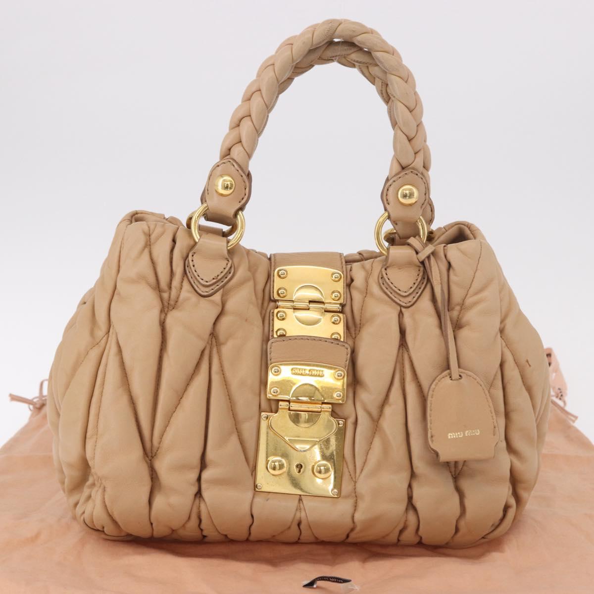 Miu Miu Matelasse Hand Bag Leather Beige Gold Auth 191692A