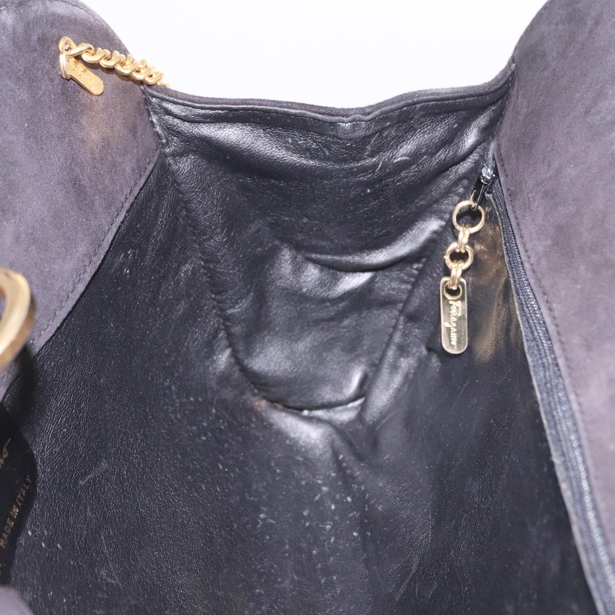 Salvatore Ferragamo Gancini Chain Shoulder Bag Suede Black Gold Auth 191696