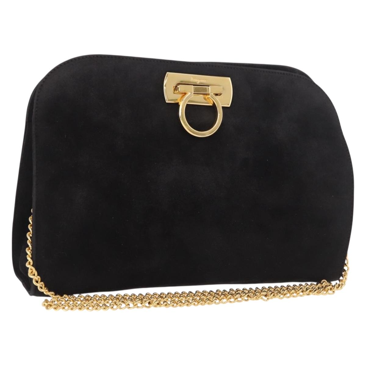 Salvatore Ferragamo Gancini Chain Shoulder Bag Suede Black Gold Auth 191696