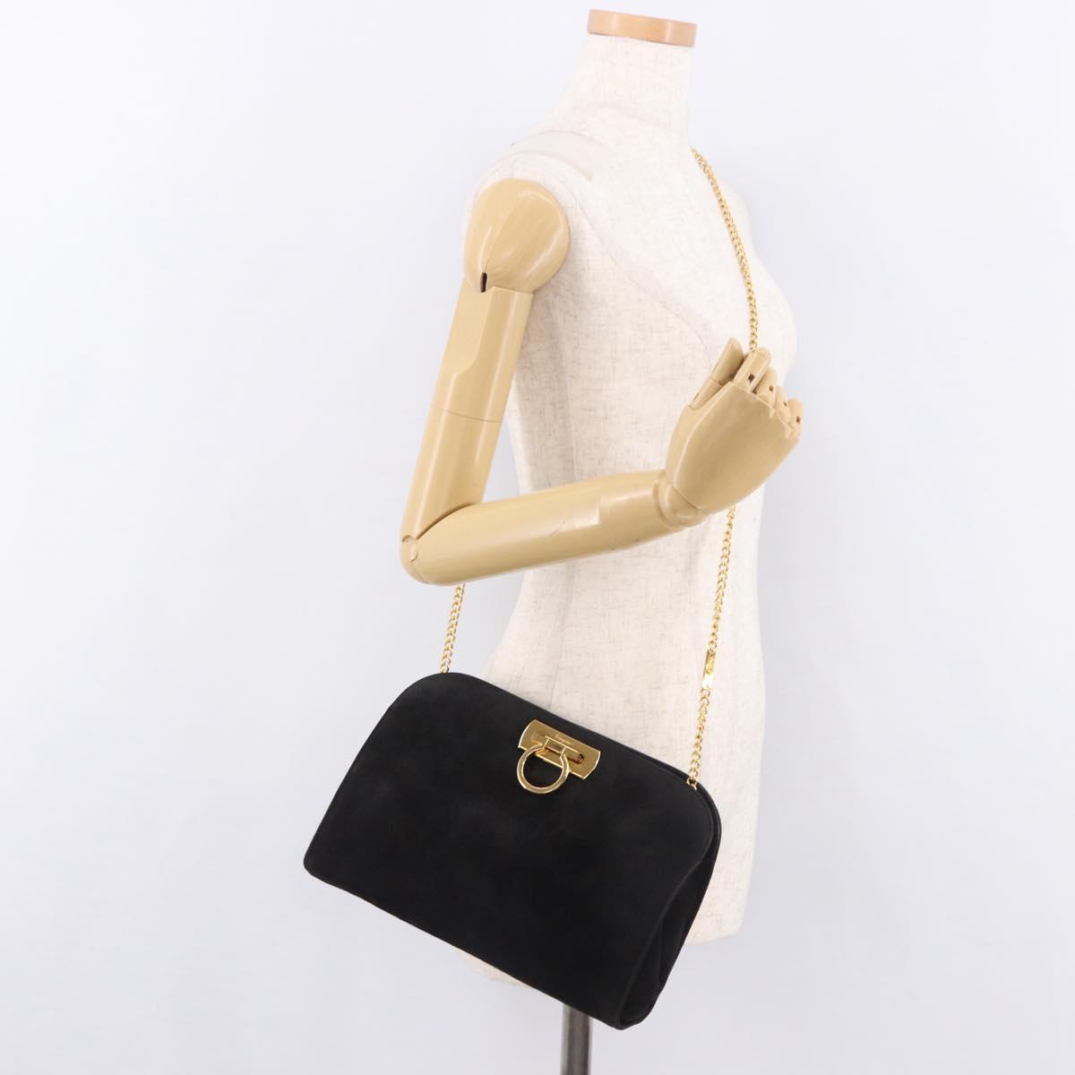 Salvatore Ferragamo Gancini Chain Shoulder Bag Suede Black Gold Auth 191696