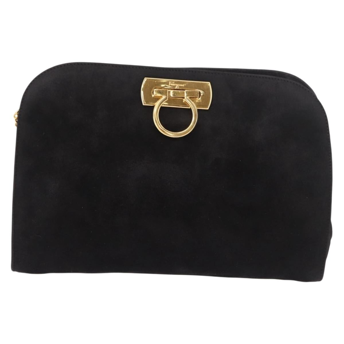 Salvatore Ferragamo Gancini Chain Shoulder Bag Suede Black Gold Auth 191696