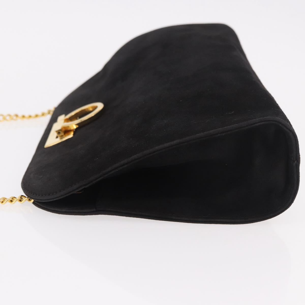 Salvatore Ferragamo Gancini Chain Shoulder Bag Suede Black Gold Auth 191696