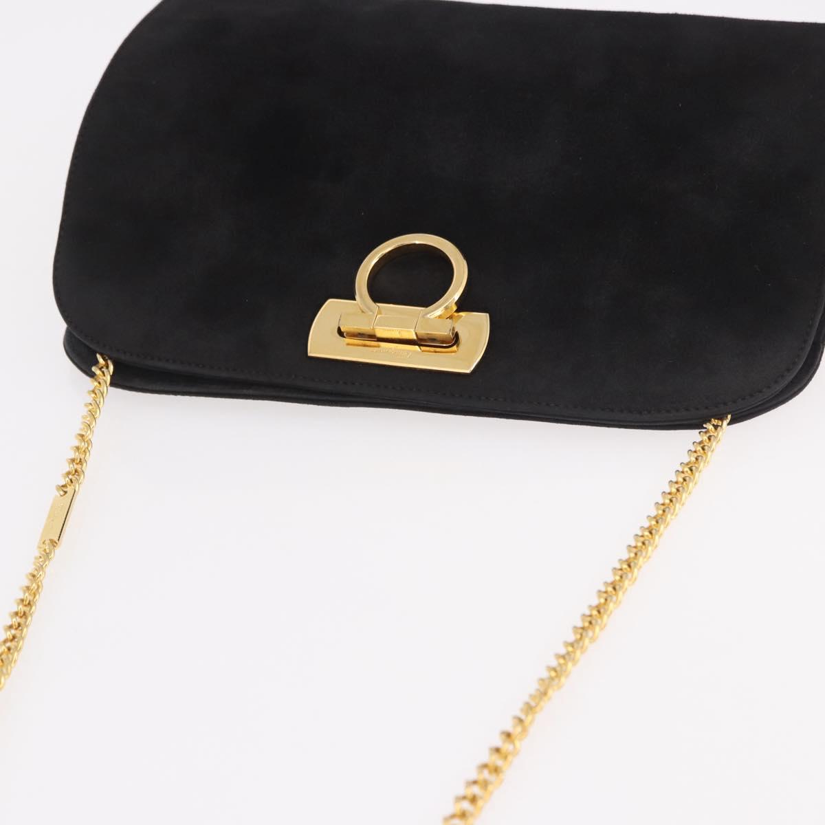 Salvatore Ferragamo Gancini Chain Shoulder Bag Suede Black Gold Auth 191696