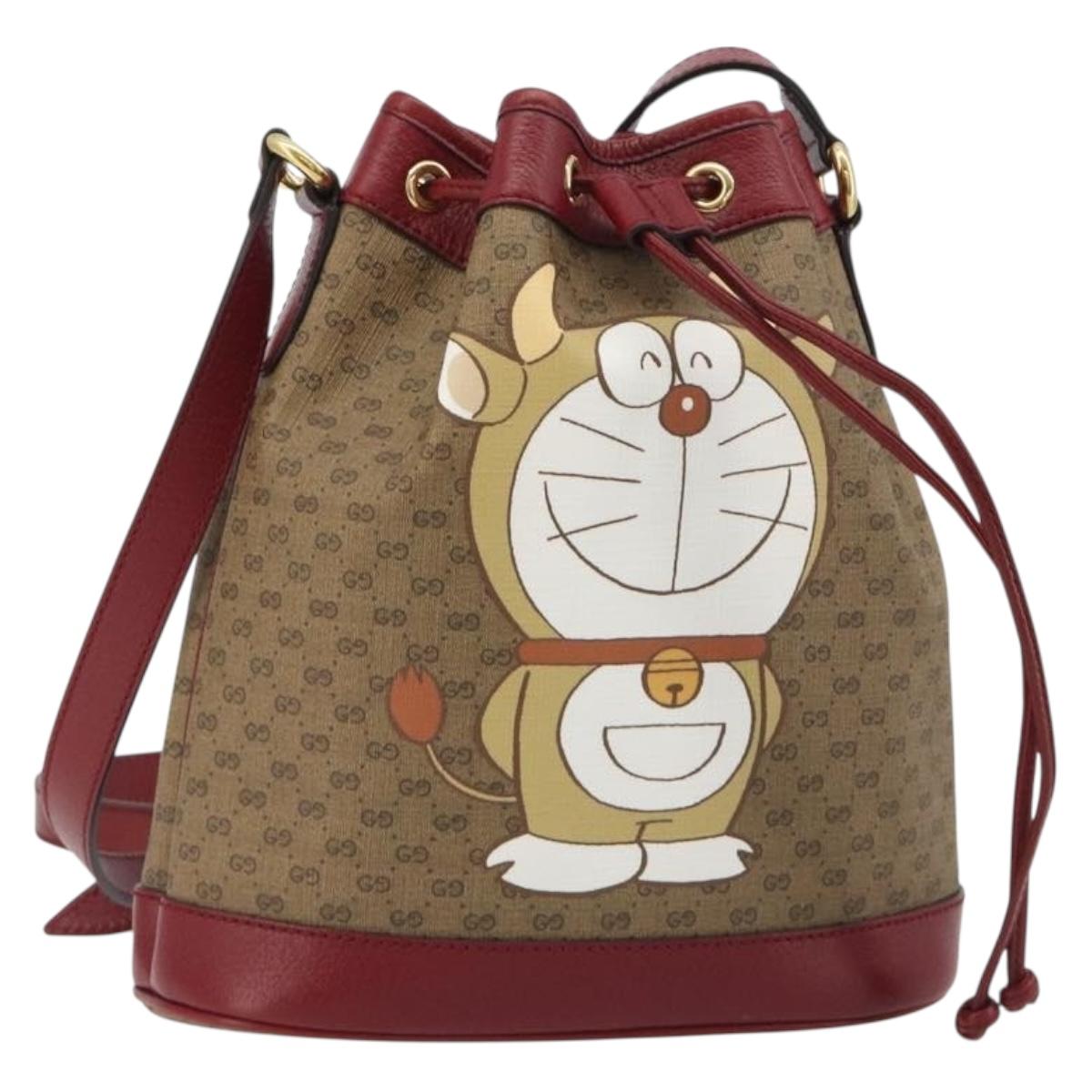 GUCCI Micro GG Doraemon Shoulder Bag PVC Beige Gold Tone 655597 Auth 191721SM