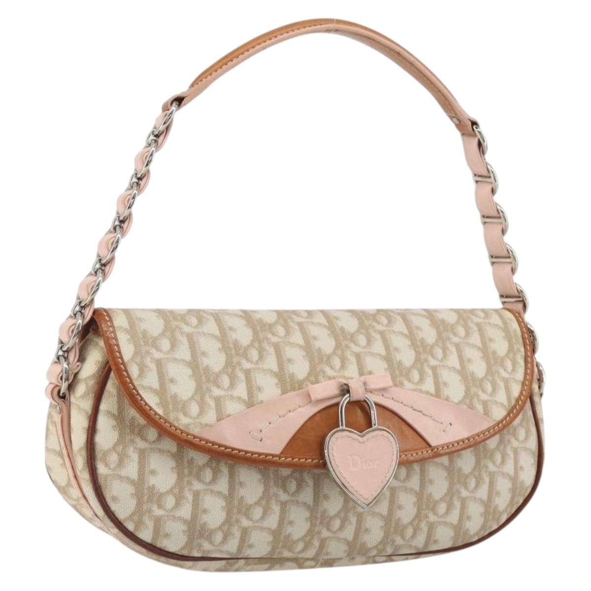 Christian Dior Trotter Romantic Chain Shoulder Bag Beige Silver Auth 191723A