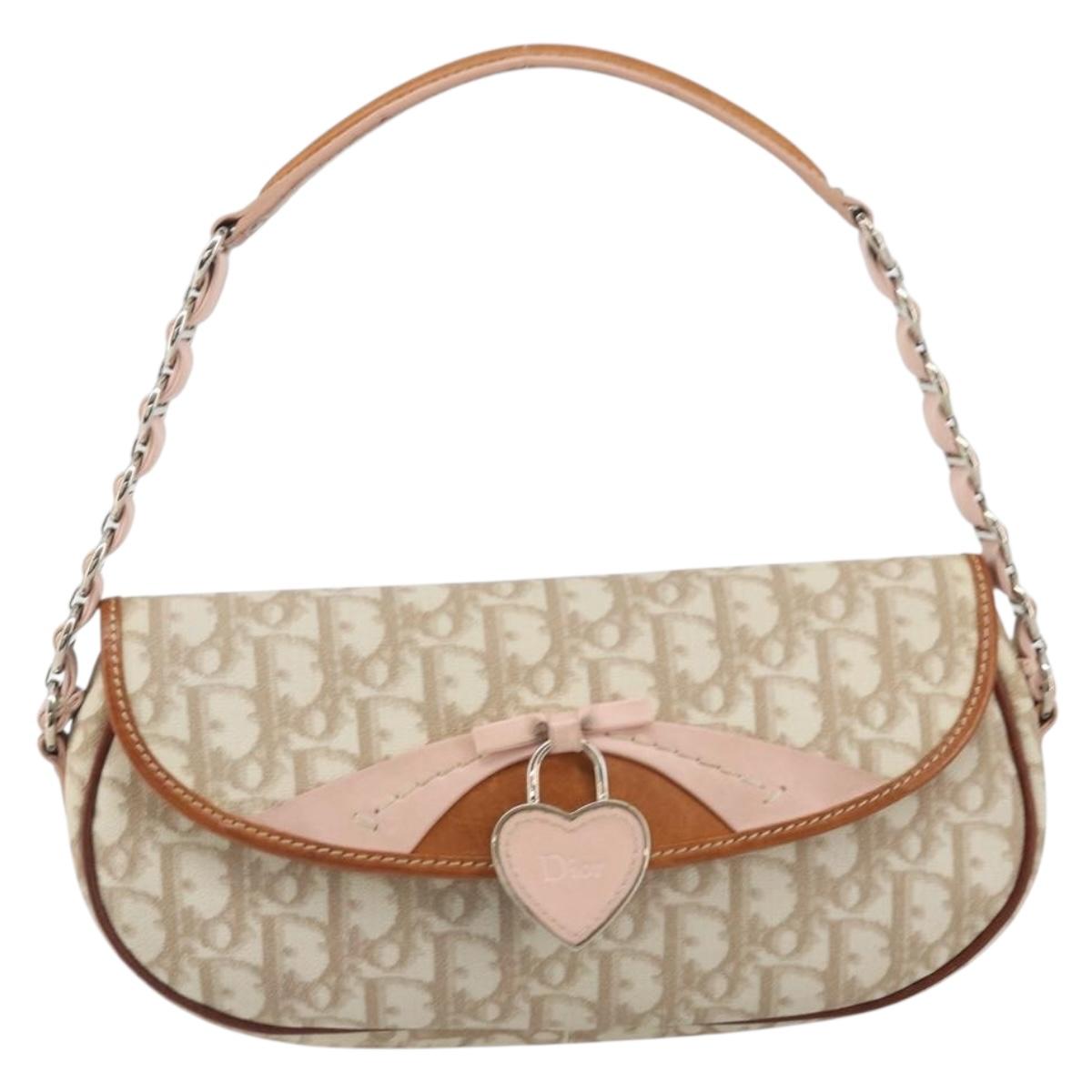 Christian Dior Trotter Romantic Chain Shoulder Bag Beige Silver Auth 191723A