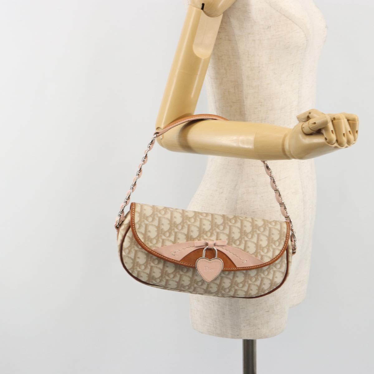 Christian Dior Trotter Romantic Chain Shoulder Bag Beige Silver Auth 191723A