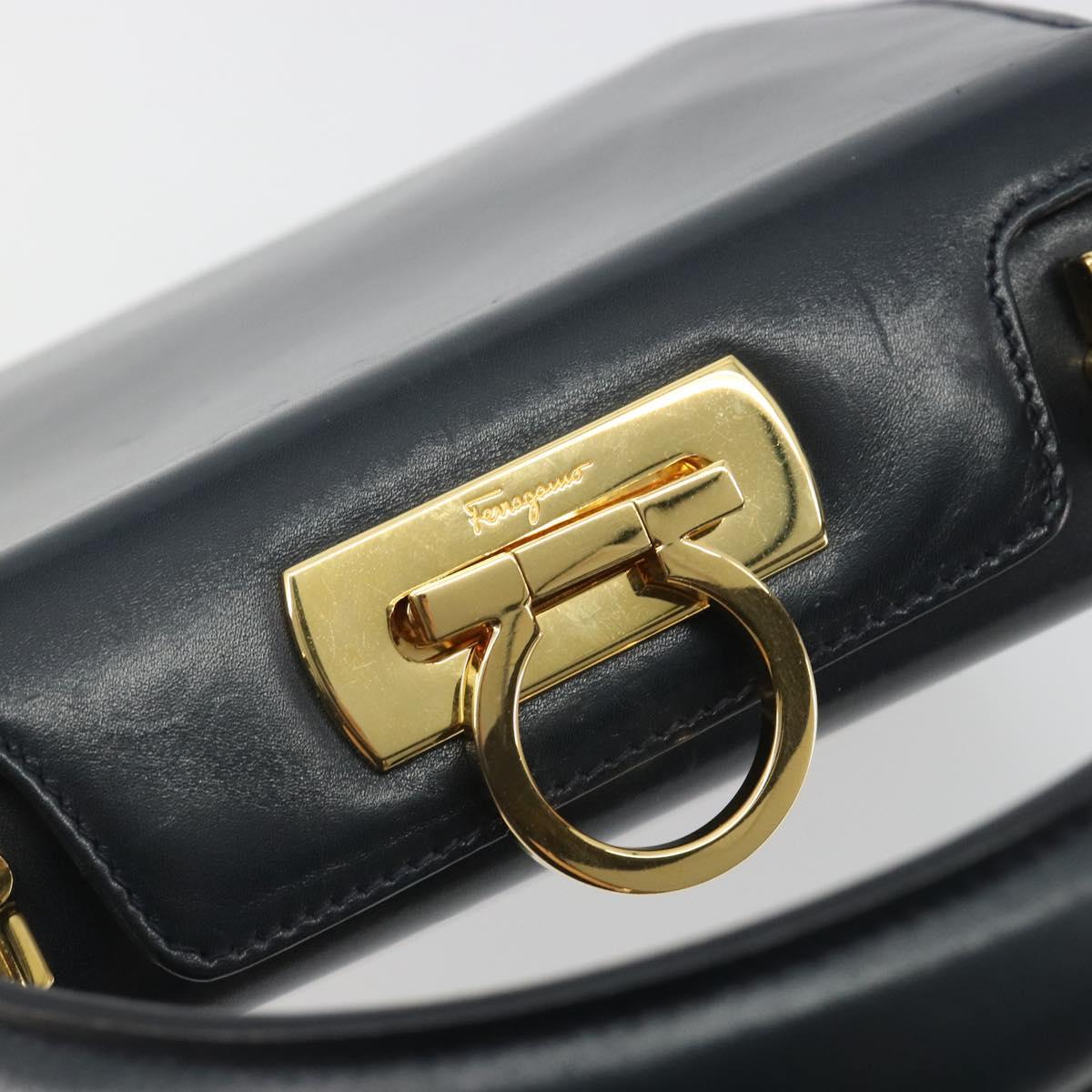 Salvatore Ferragamo Gancini Hand Bag Leather Navy Gold Tone Auth 191733A