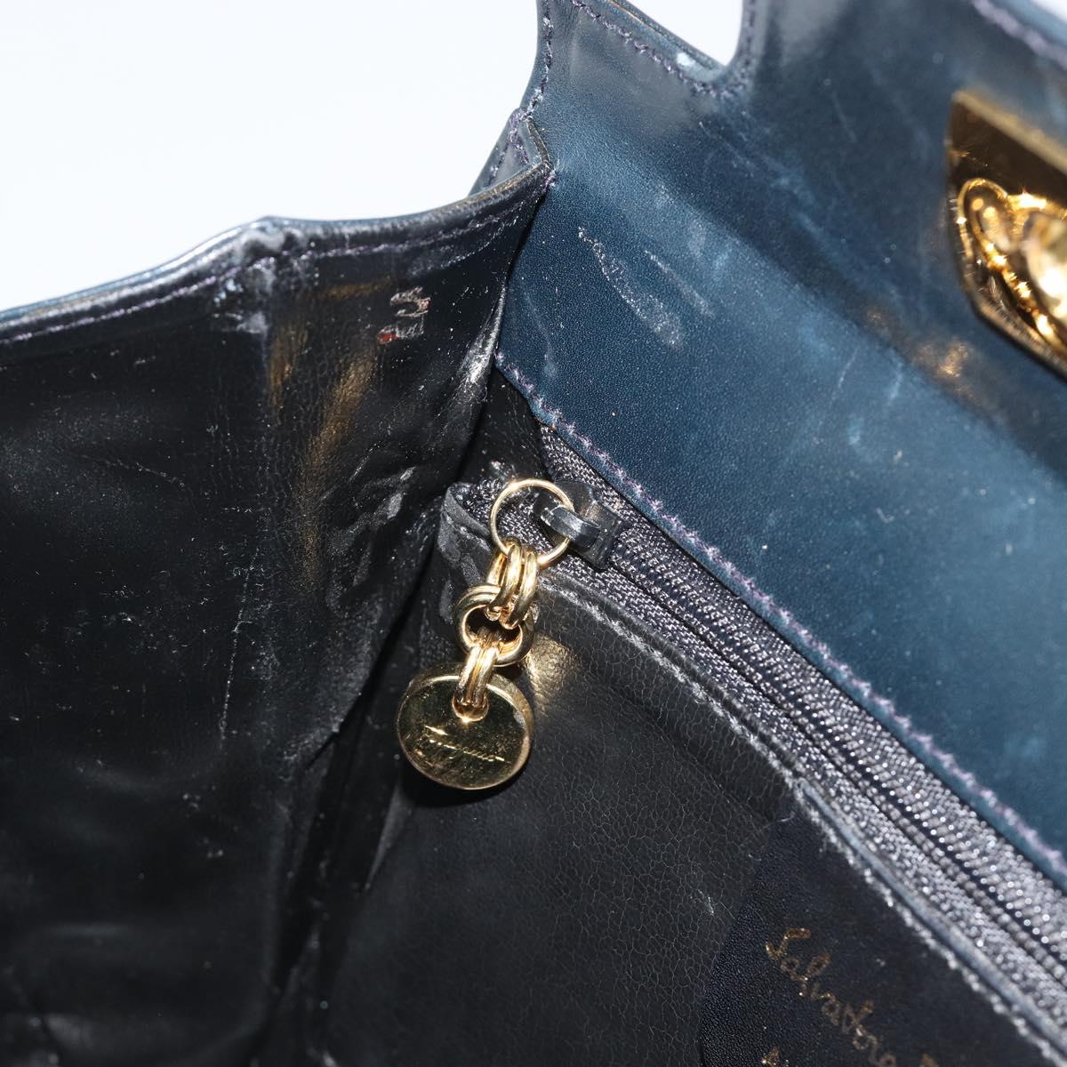 Salvatore Ferragamo Gancini Hand Bag Leather Navy Gold Tone Auth 191733A