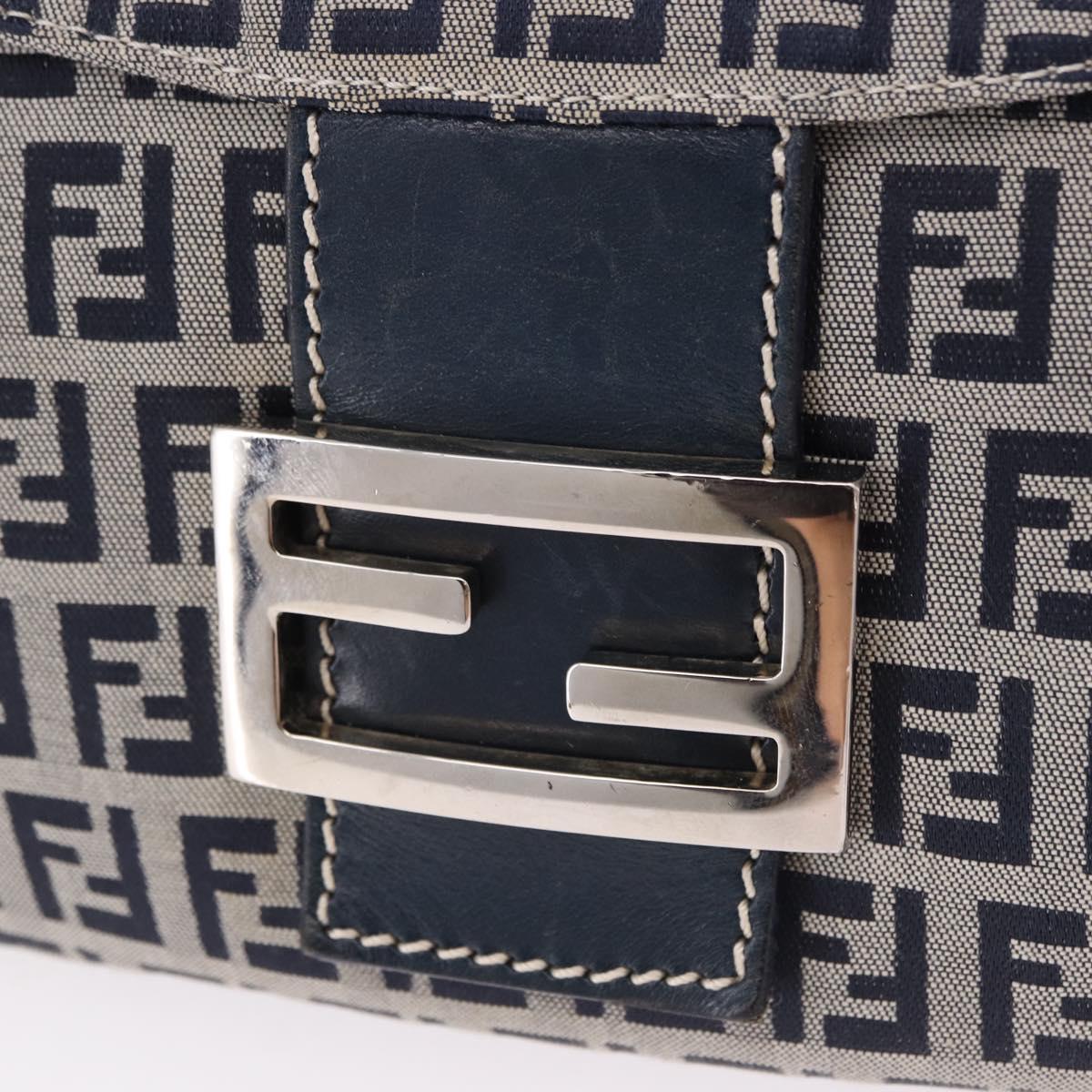 FENDI Zucchino Canvas Mamma Baguette Shoulder Bag Navy Silver Auth 191734V
