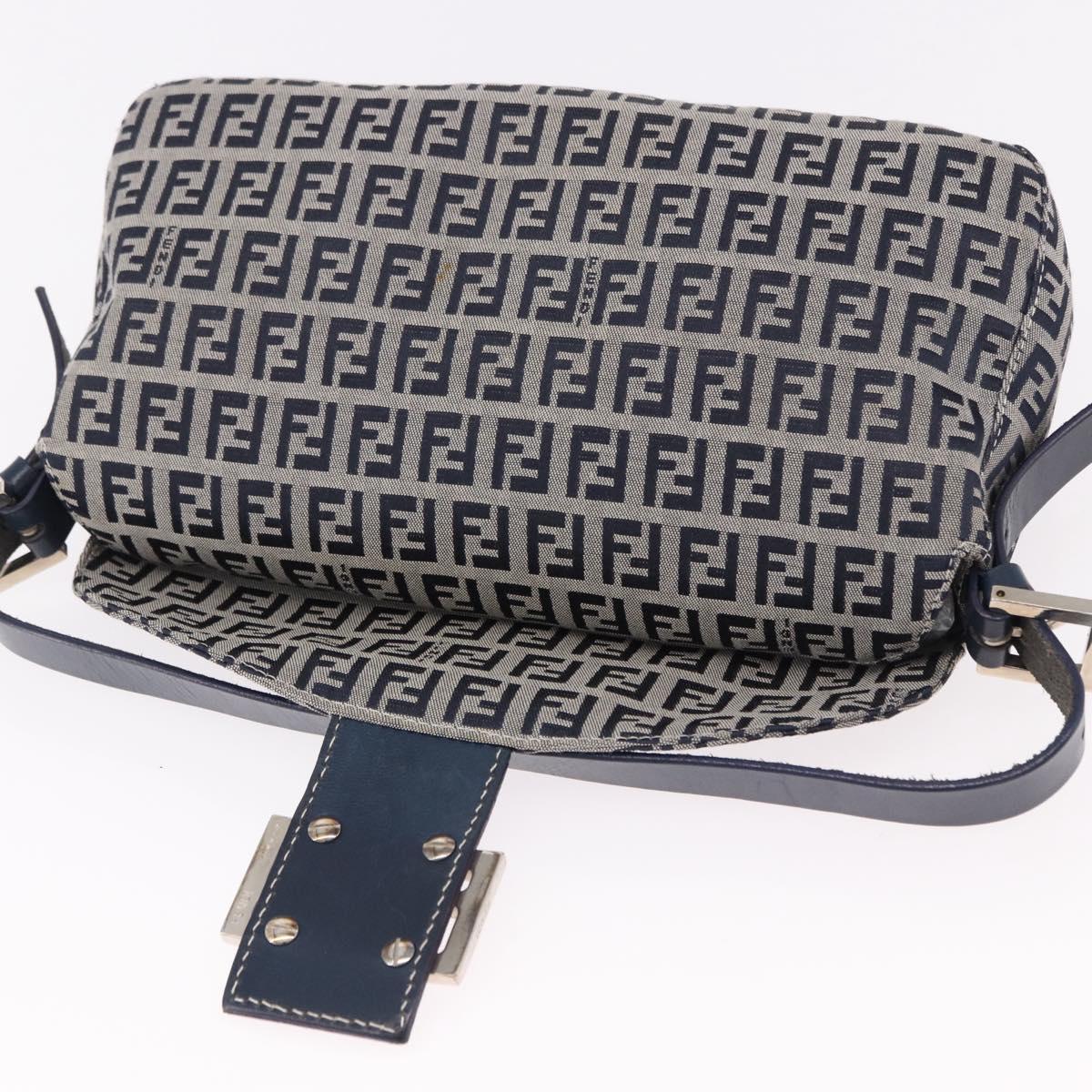 FENDI Zucchino Canvas Mamma Baguette Shoulder Bag Navy Silver Auth 191734V