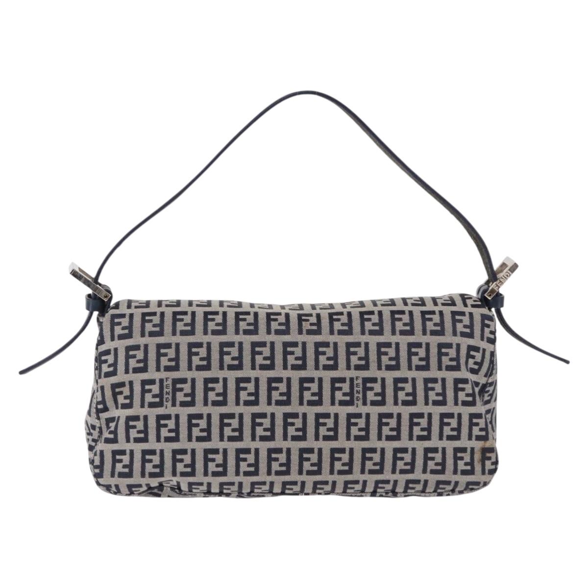 FENDI Zucchino Canvas Mamma Baguette Shoulder Bag Navy Silver Auth 191734V