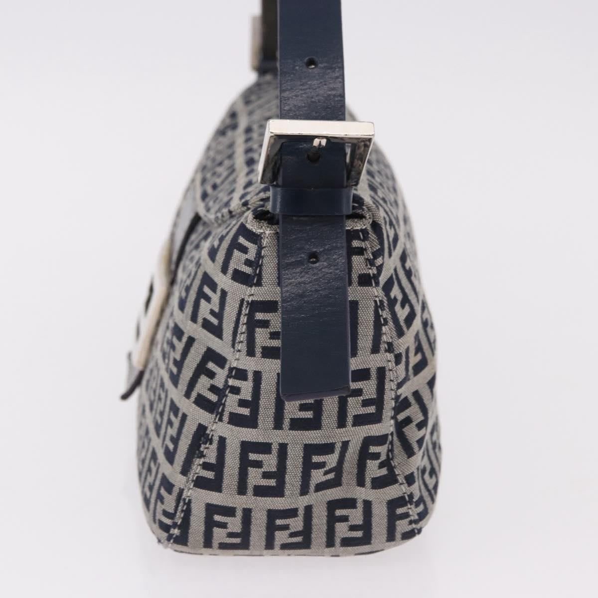 FENDI Zucchino Canvas Mamma Baguette Shoulder Bag Navy Silver Auth 191734V