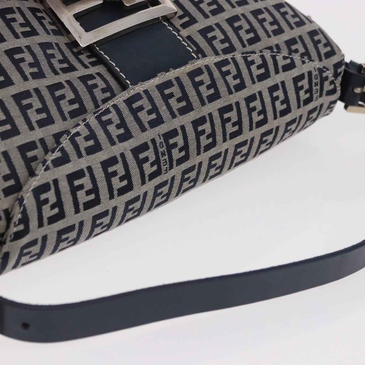 FENDI Zucchino Canvas Mamma Baguette Shoulder Bag Navy Silver Auth 191734V