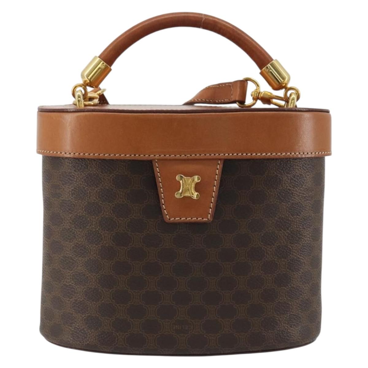 CELINE Macadam Vanity Hand Bag PVC Leather 2way Brown Gold Tone Auth 191738V