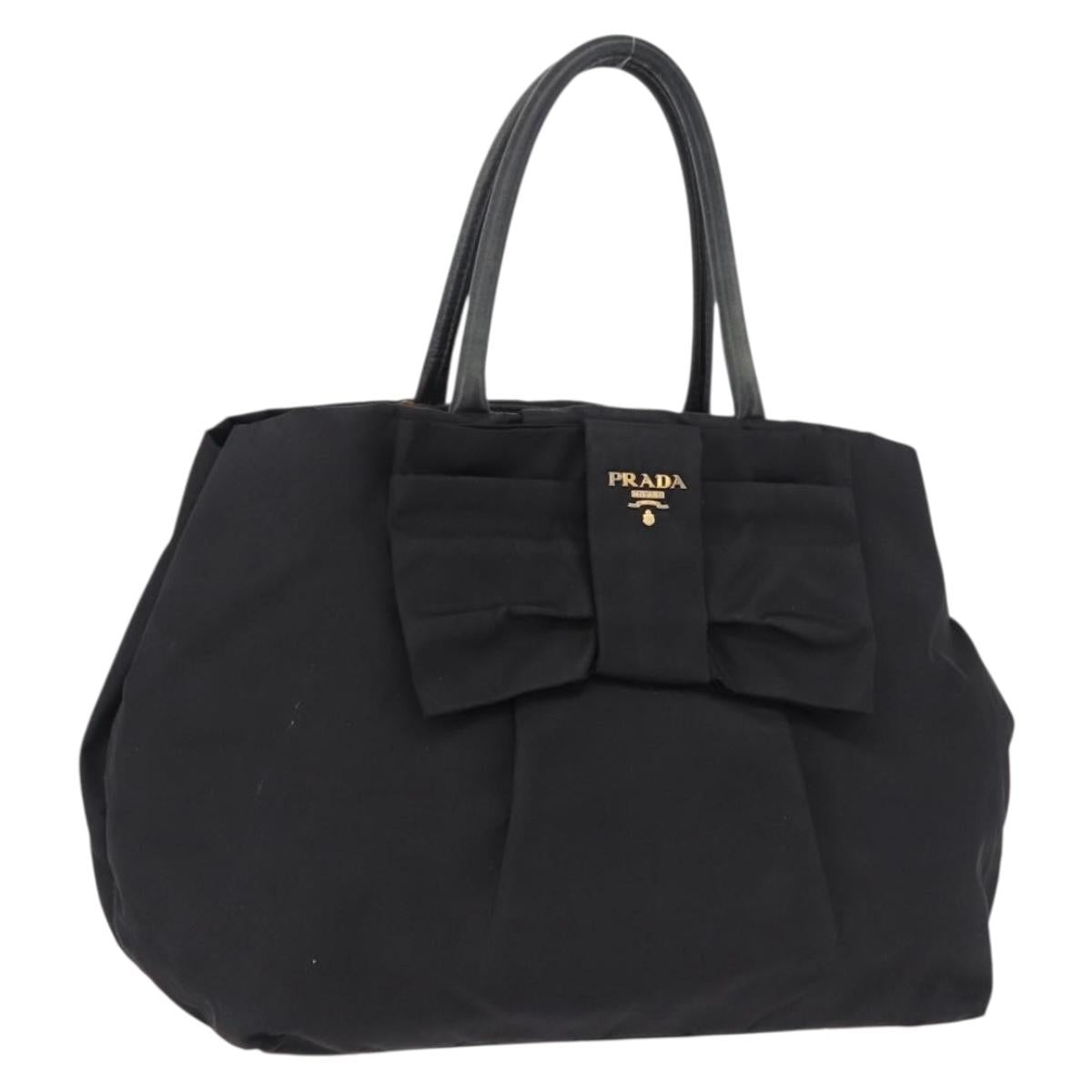 PRADA Ribbon Hand Bag Nylon Black Gold Tone Auth 191747
