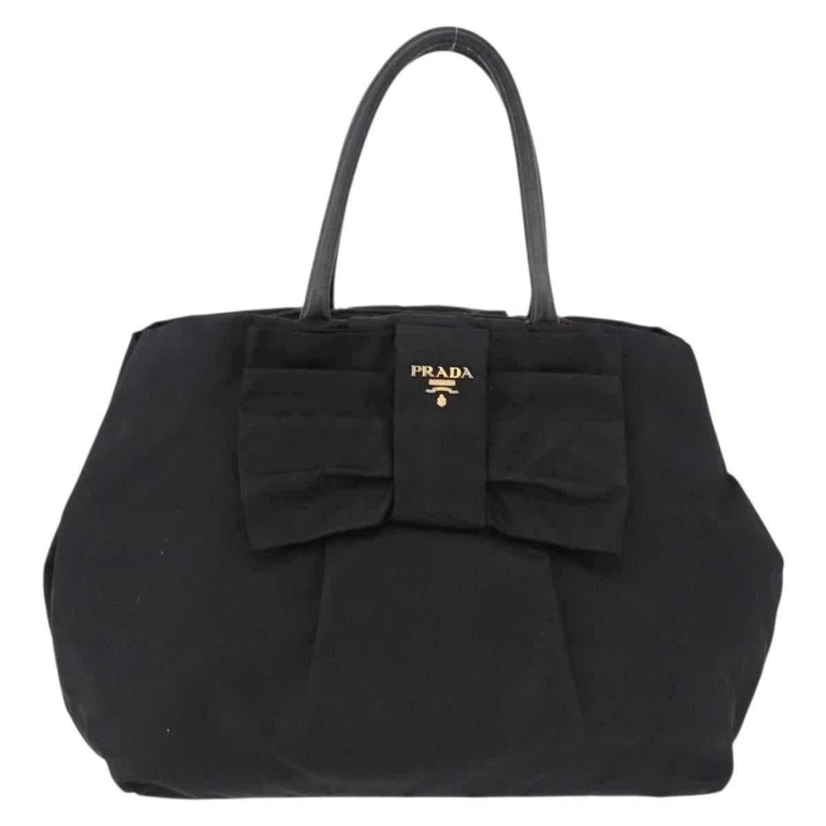 PRADA Ribbon Hand Bag Nylon Black Gold Tone Auth 191747