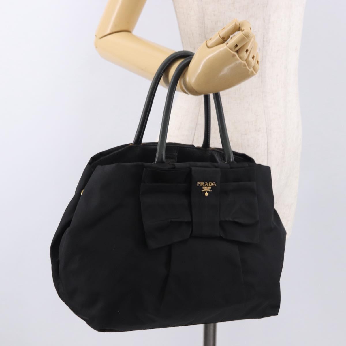 PRADA Ribbon Hand Bag Nylon Black Gold Tone Auth 191747