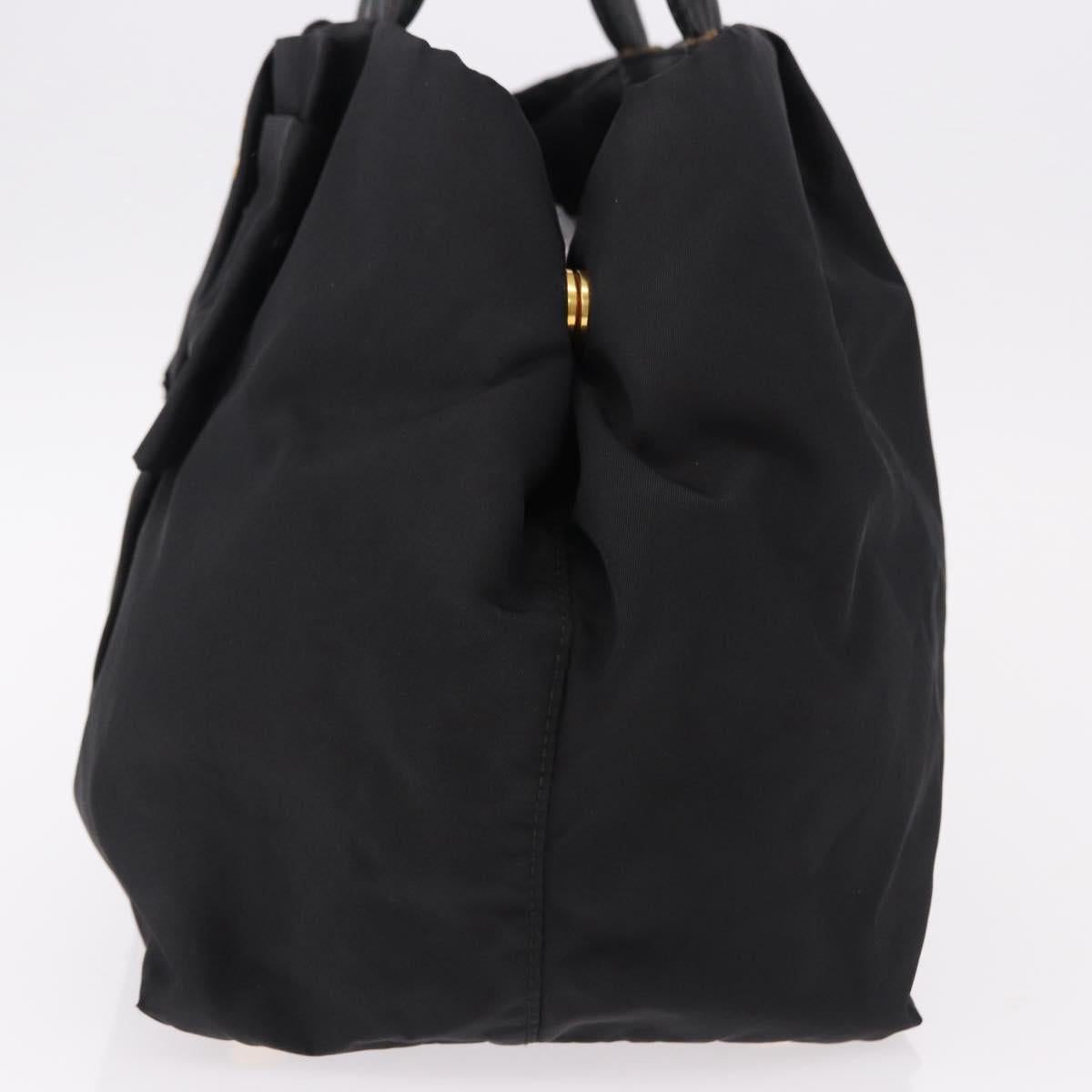 PRADA Ribbon Hand Bag Nylon Black Gold Tone Auth 191747