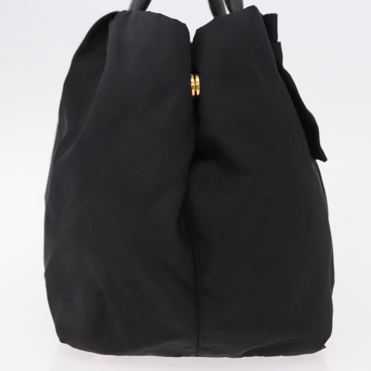 PRADA Ribbon Hand Bag Nylon Black Gold Tone Auth 191747