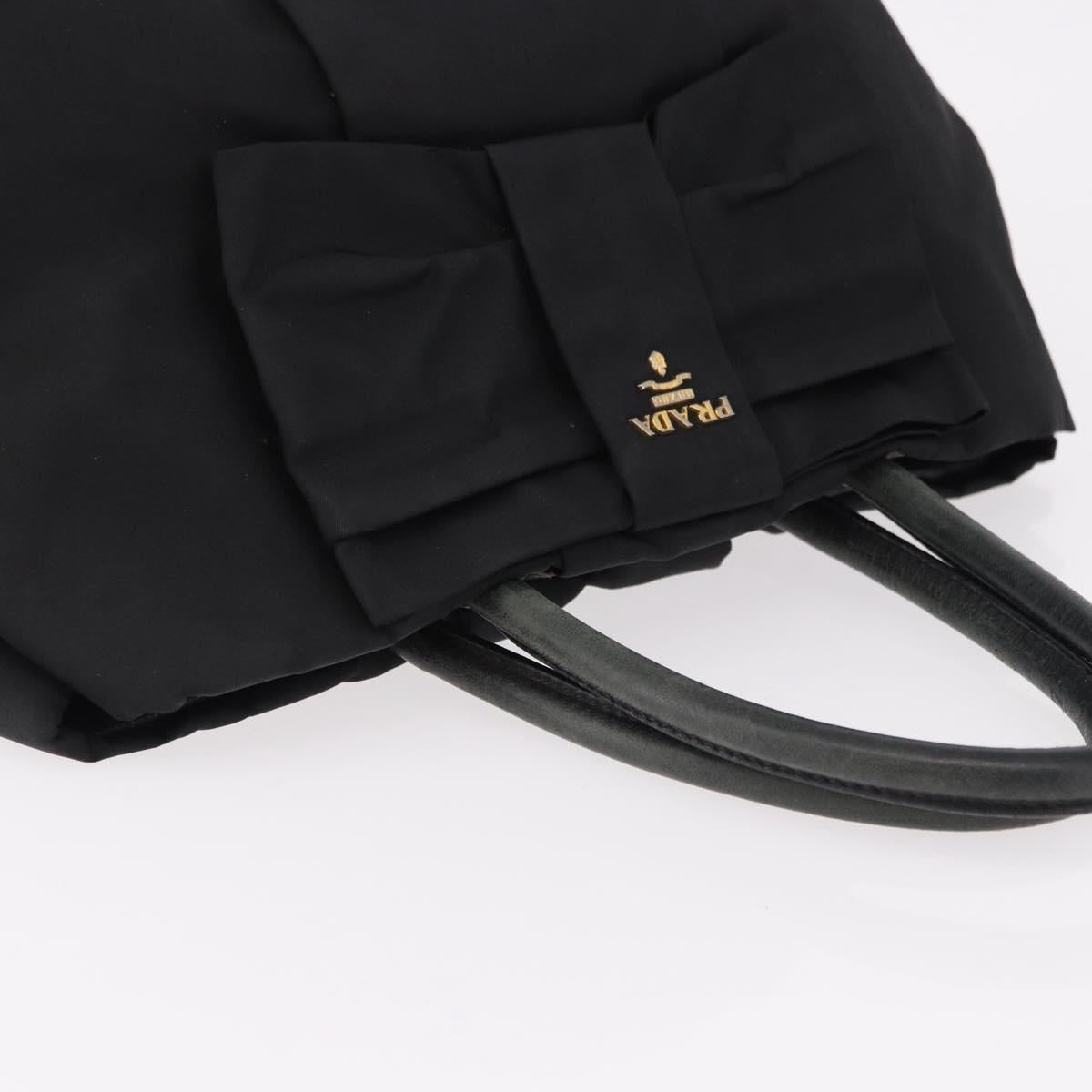 PRADA Ribbon Hand Bag Nylon Black Gold Tone Auth 191747