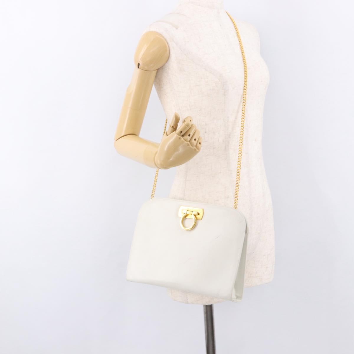 Salvatore Ferragamo Gancini Chain Shoulder Bag Leather White Gold Auth 191748